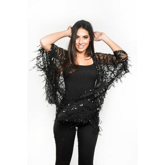 MICHELLE Sequins DUSTER Coverup One Size Fits Most BLACK Sparkle Shimmer Jacket - Picture 7 of 14